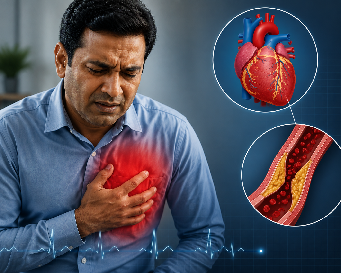 Illustration of reduced blood flow to the heart muscle causing angina