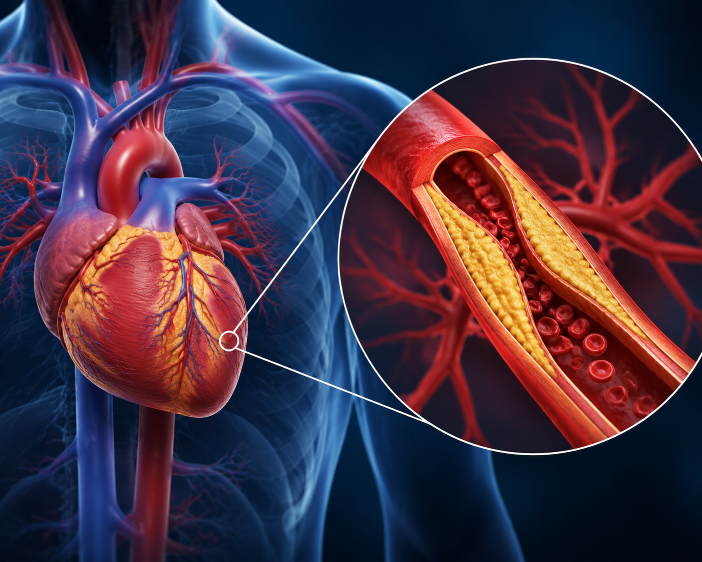 Cross-section illustration of a coronary artery narrowed by cholesterol plaque