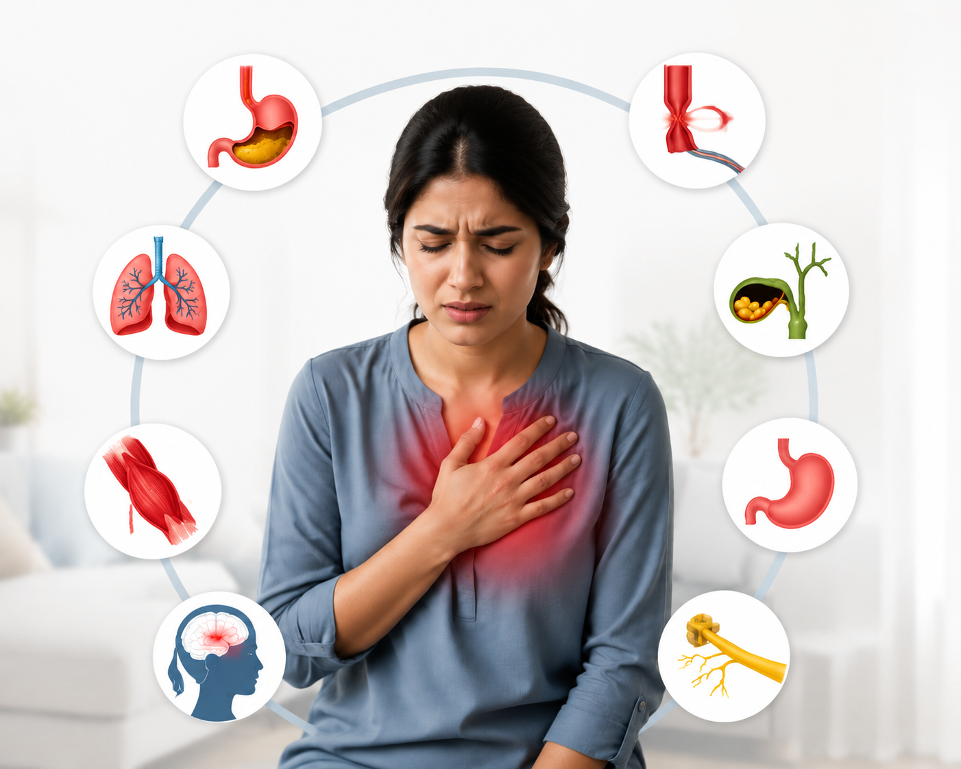 Illustration contrasting reflux and muscular strain with cardiac chest pain