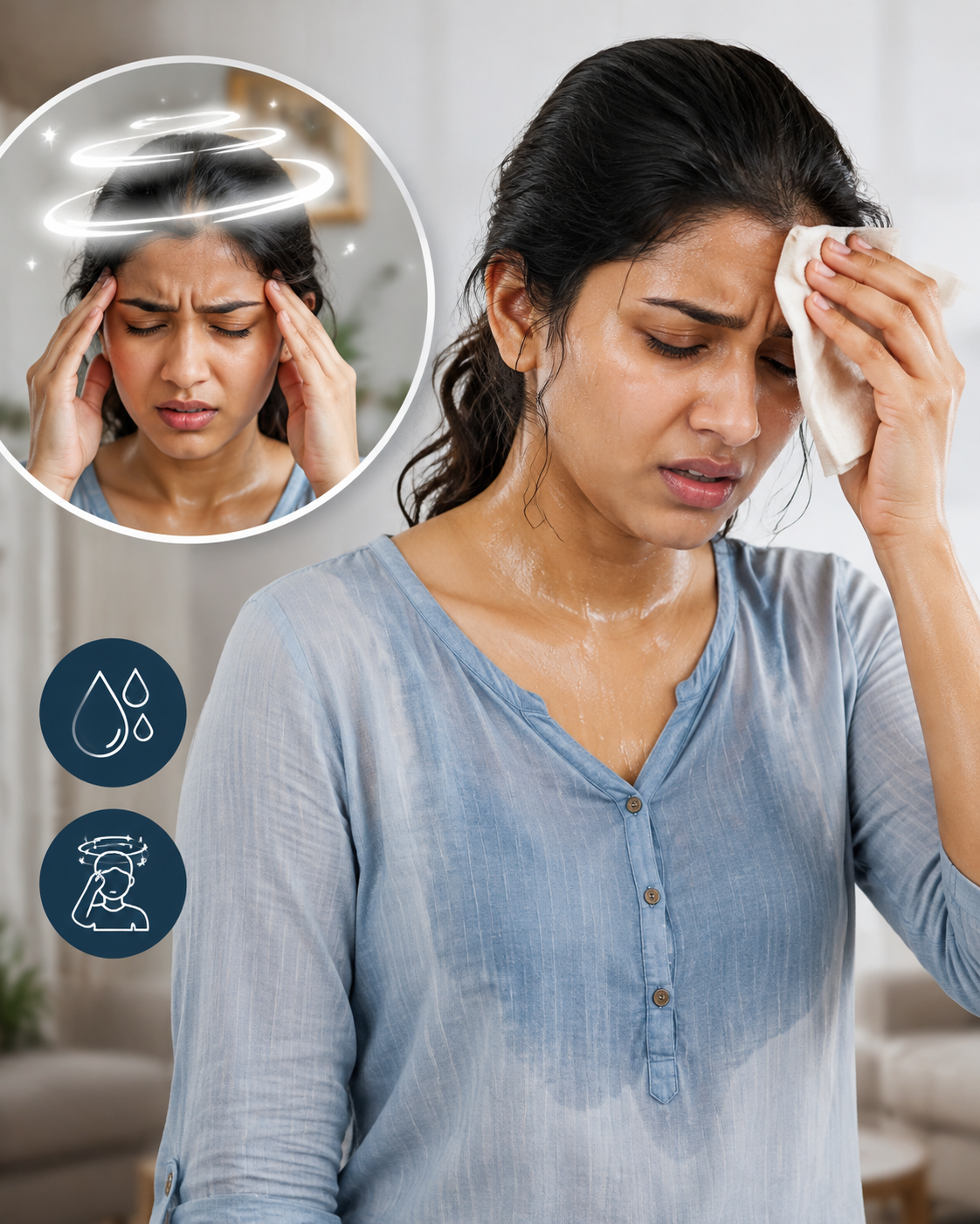 Person sweating and feeling giddy alongside chest discomfort