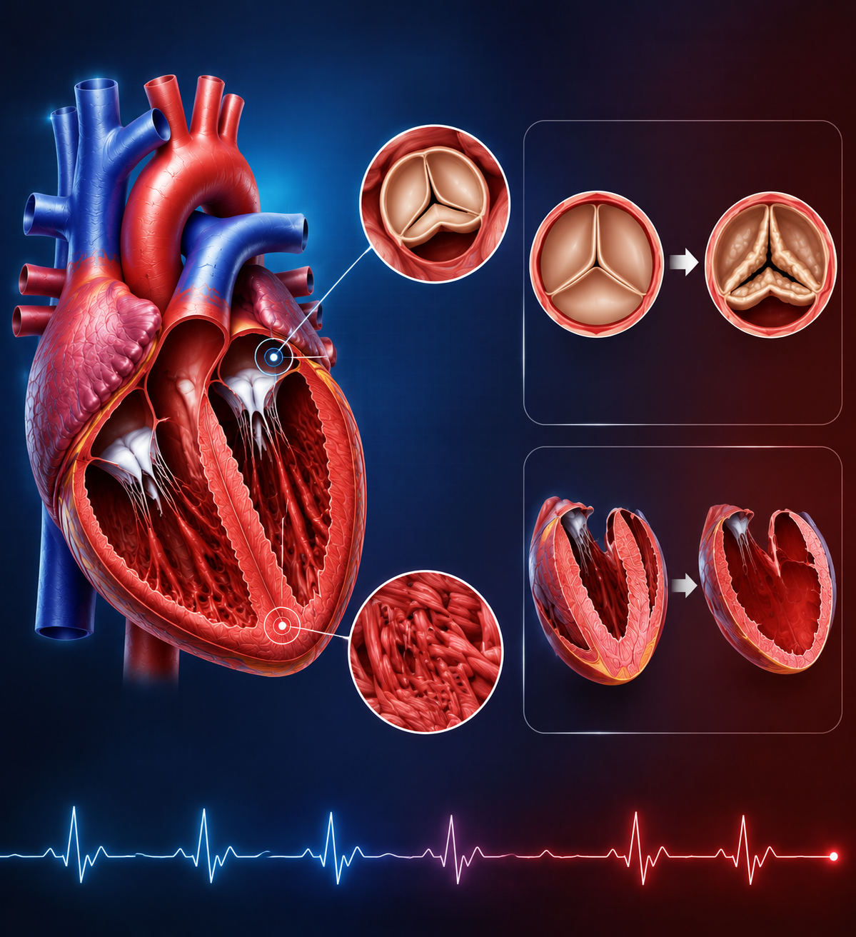 Illustration of a heart valve and heart muscle under strain