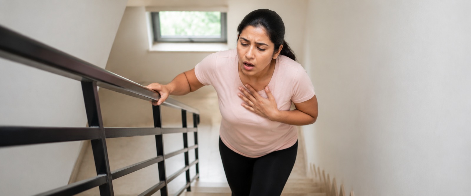 Person breathless while climbing a flight of stairs