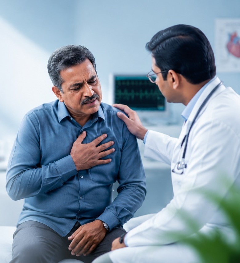 Man holding his chest in pain, with a heart and ECG illustration &mdash; chest pain evaluation at Gokul Heart & Cholesterol Clinic, KPHB Colony, Kukatpally