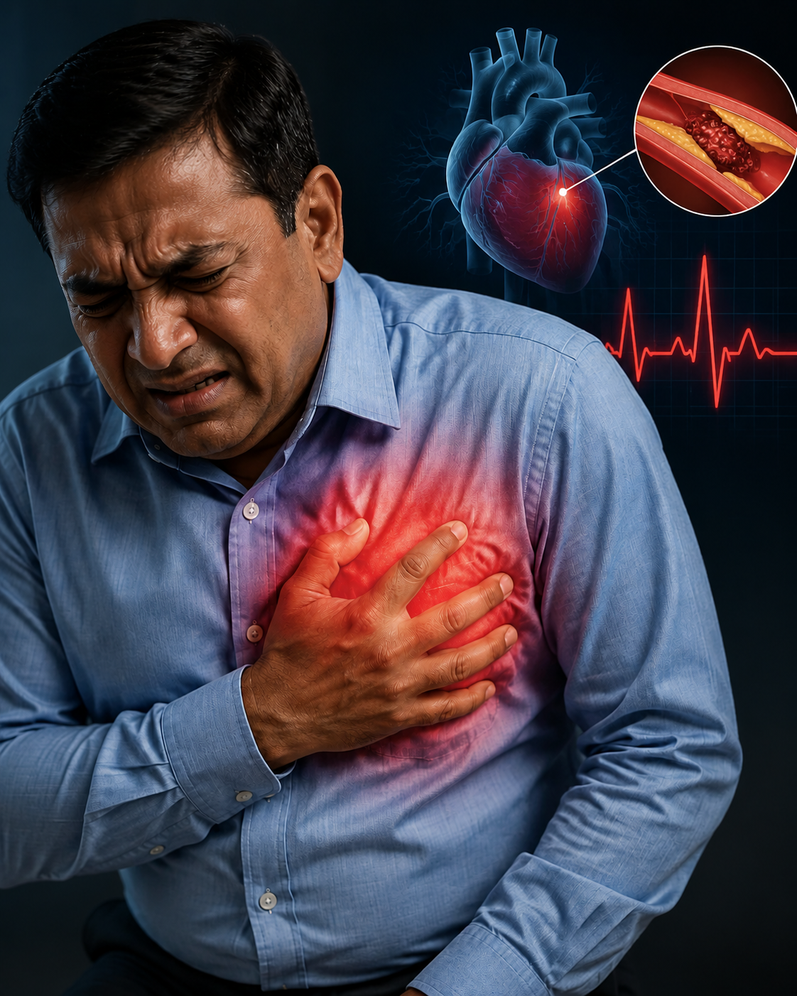 Illustration of a coronary artery fully blocked by a clot during a heart attack
