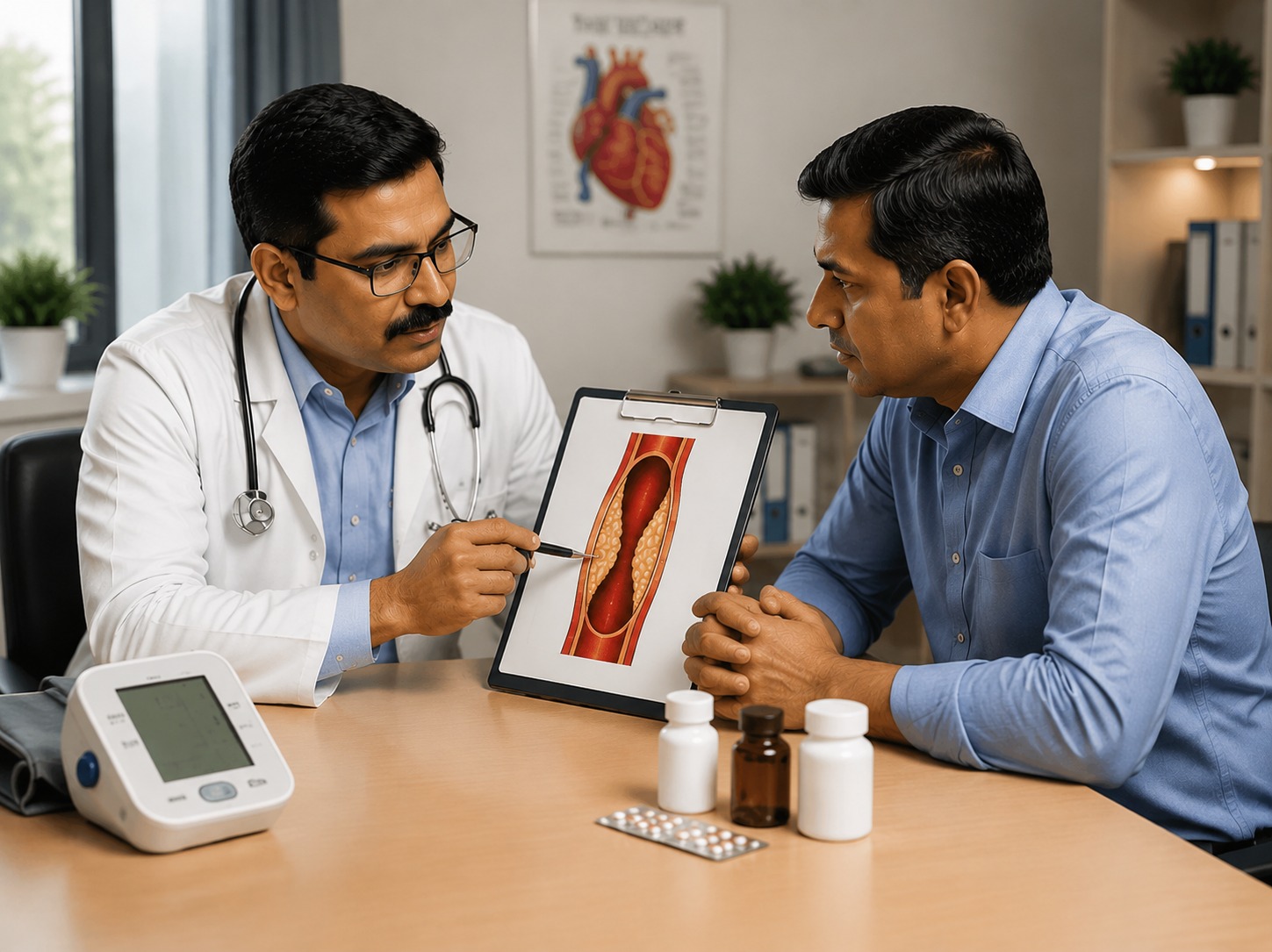 Cardiologist checking blood pressure for resistant hypertension evaluation at Gokul Heart & Cholesterol Clinic, KPHB