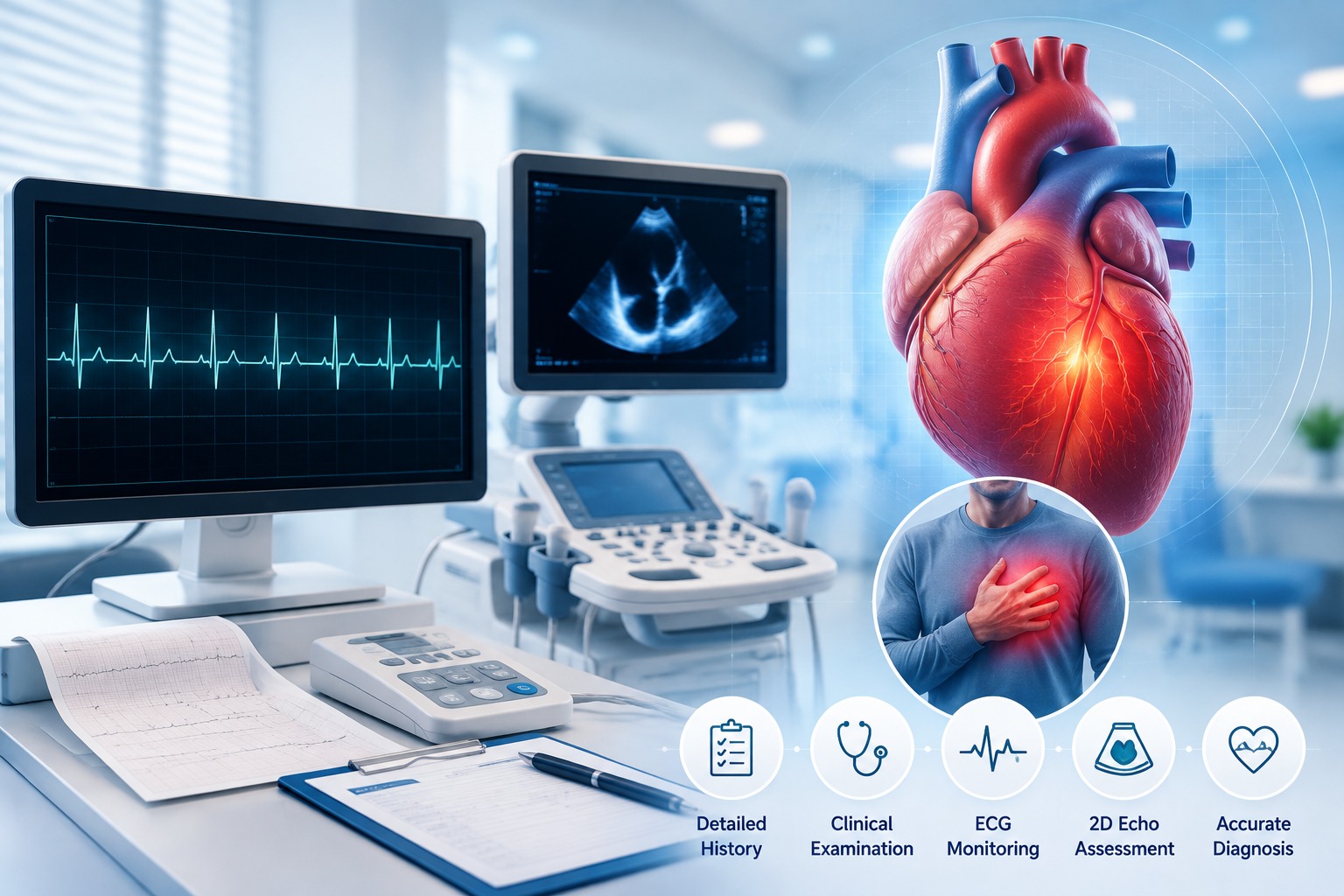 ECG and cardiac monitoring for chest pain evaluation at Gokul Heart & Cholesterol Clinic, KPHB