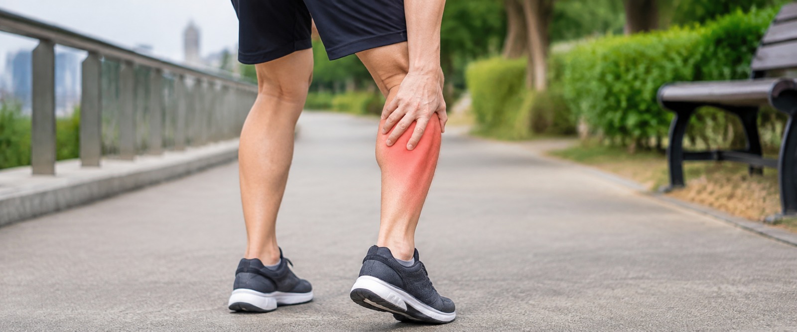 Person holding a cramping calf while walking