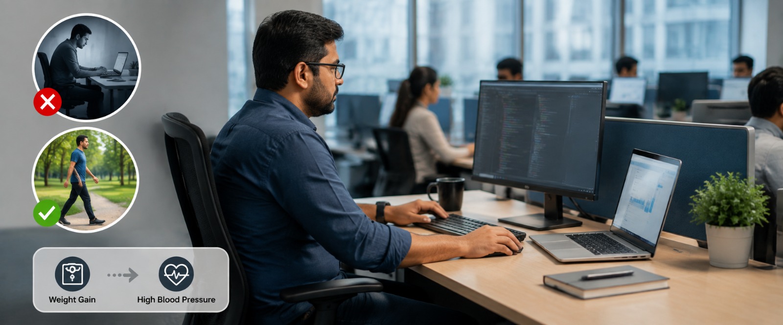 Long desk hours with little walking