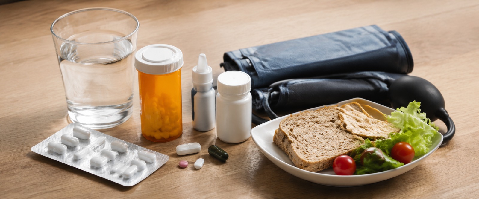 Medicine strips beside a glass of water on a table