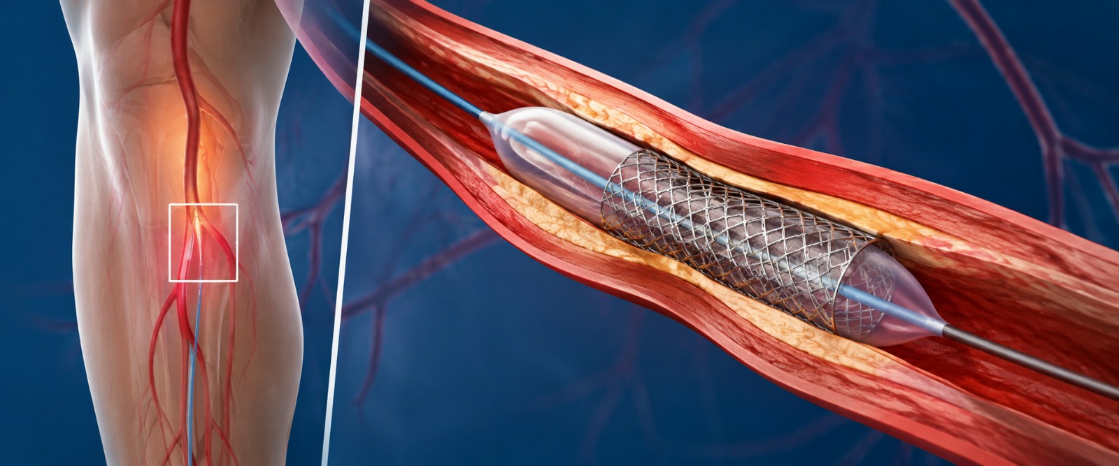 Balloon and stent opening a blocked leg artery