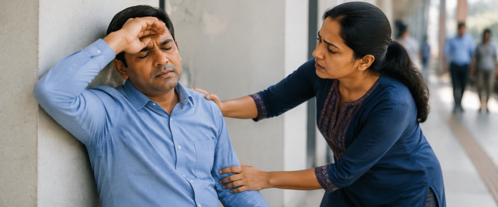 Young man feeling faint while standing in a long queue