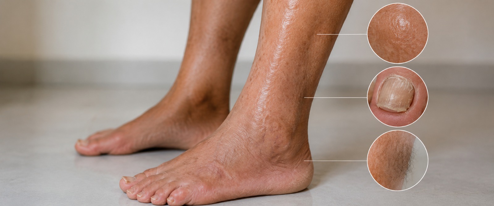 Lower leg with shiny thin skin, hair loss and slow-growing nails