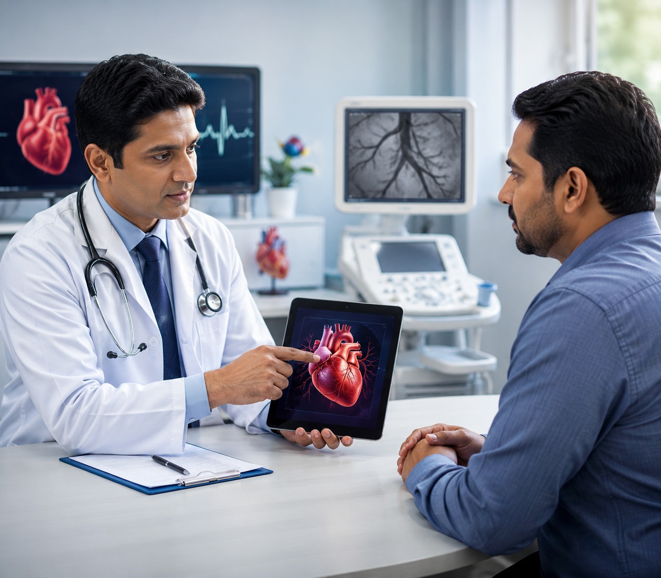 Cardiologist reviewing ECG and lipid reports during a heart health checkup in KPHB