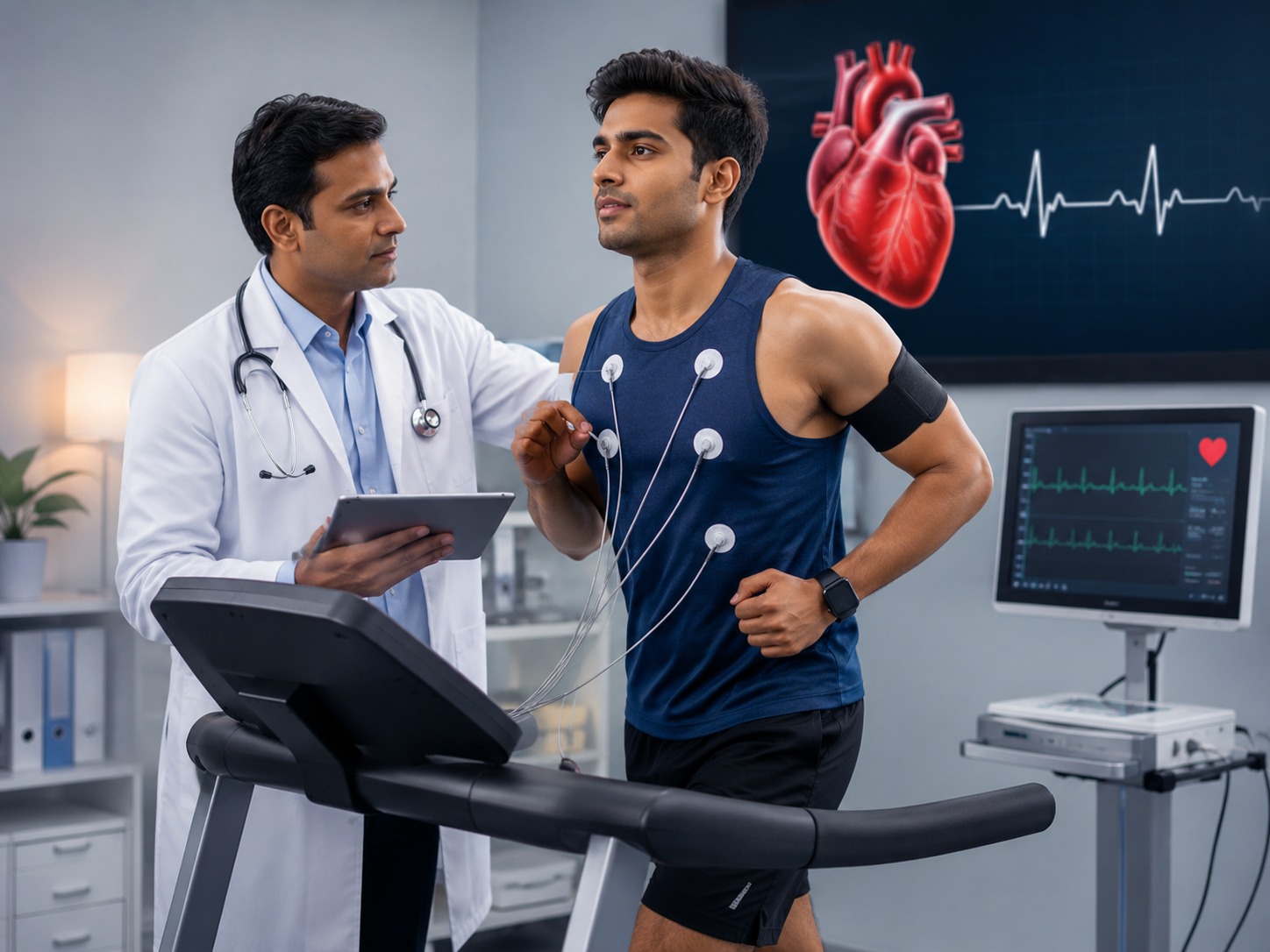 Cardiologist reviewing ECG and treadmill stress test results for a Cardiac Fitness Certificate at Gokul Heart & Cholesterol Clinic, KPHB Colony, Kukatpally