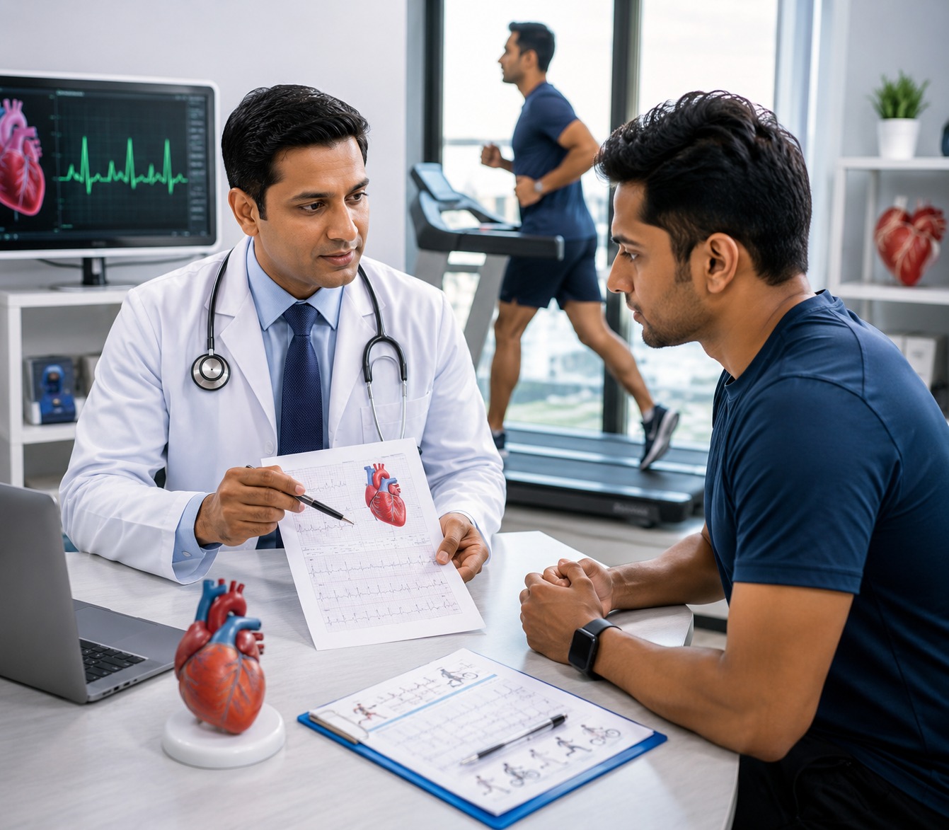 Cardiologist discussing Cardiac Fitness Assessment results at Gokul Heart & Cholesterol Clinic, KPHB