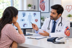 Cardiologist explaining low BP symptoms to a patient
