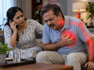 Heart Attack Risk Assessment: Warning signs including chest pain, left arm discomfort, dizziness, and breathlessness.