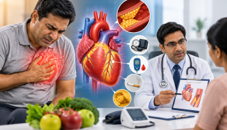 Heart attack risk assessment showing chest pain symptoms, blocked heart arteries, cholesterol and blood pressure risk factors, and cardiologist consultation.