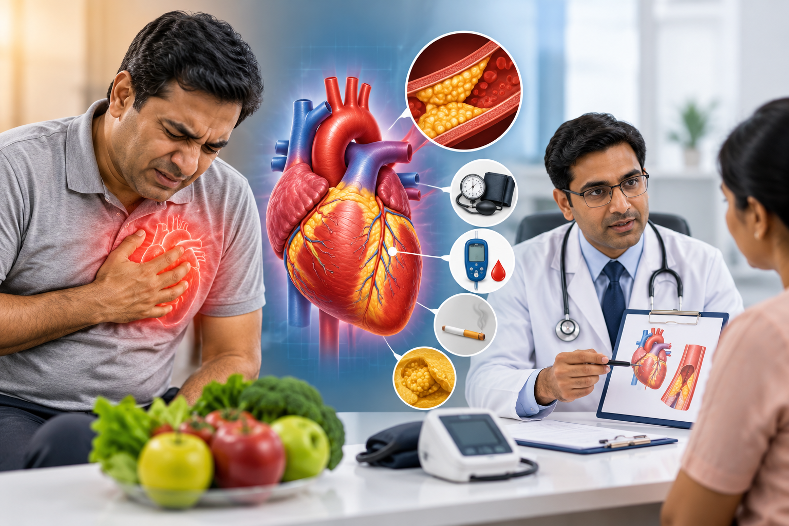 Heart attack risk assessment showing chest pain symptoms, blocked heart arteries, cholesterol and blood pressure risk factors, and cardiologist consultation.