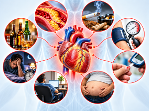 Heart Attack Risk Assessment showing major risk factors like high cholesterol, smoking, high BP, diabetes, obesity, inactivity, stress, and alcohol.